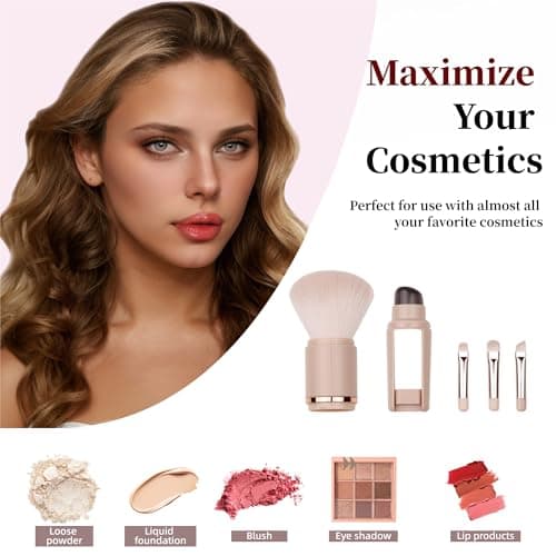 Retractable Powder Makeup Brush with Lip Brush, 5-in-1 Portable Travel Makeup Brushes, Extensible Lip Brush & Powder Foundation Blusher Face Brush for Liquid Cream Powder Cosmetic Multi-task — view 6
