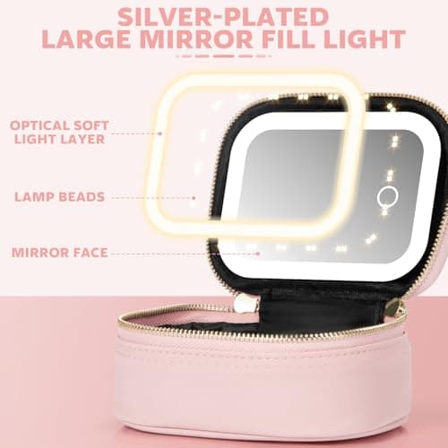 Extrei Gent Small Makeup Bag Travel Train Case with Mirror and Light Mini Travel Makeup Train Case Cosmetic Organizer 3 Adjustable Brightness Toiletry Bag Portable Artist Storage, Pink, S, Mini Ature — view 4