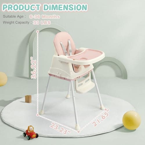 LALAHO 3-in-1 Baby High Chair W/ 5-Point Harness and Locking Wheels, Pink — view 6