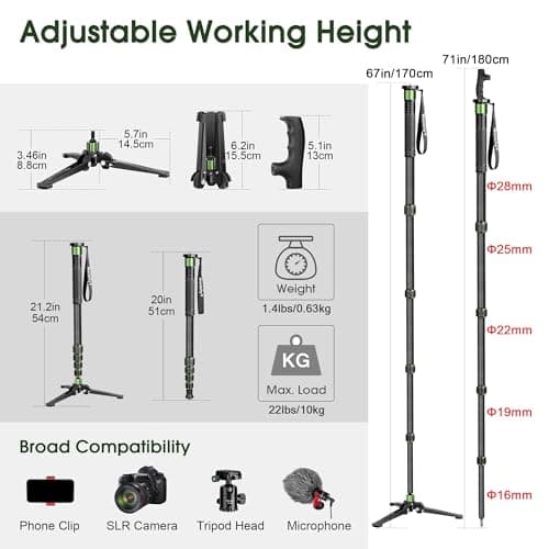 Manbily G-333 Carbon Fibre Camera Monopod 180cm for DSLR with Feet, Monopods for Cameras 5 Sections Walking Stick Hiking Pole, Mini Tripod Detachable Base, Aluminum Max 10KG Canon Nikon Sony (Green) — view 6