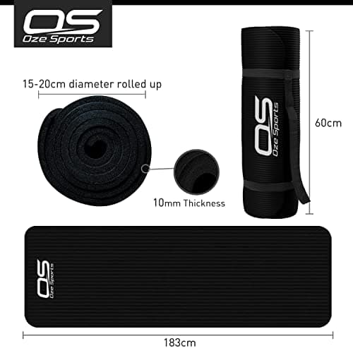 OZE SPORTS Yoga Mat, NBR Foam, Extra Thick, Non-Slip, High Density, Large, for Pilates, Gymnastics, HiiT and Fitness, with Carry Strap (Black) — view 4