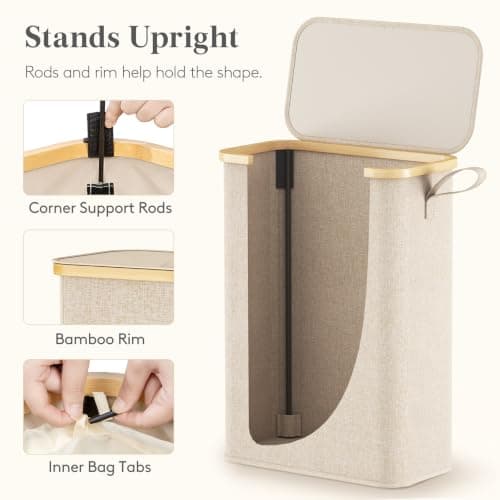 Lifewit 50L Slim Laundry Basket with Lid, Narrow, Removable Bag, Beige — view 4