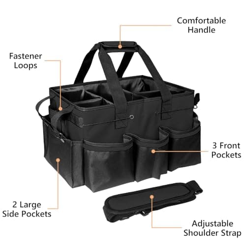 Jonuin Cleaning Caddy with Handle, Professional Cleaning Bag with Detachable Divide, Adjustable Shoulder Strap & Waist Belt, Large Cleaning Caddy for Cleaning Supplies, Home, Car, Garden, Craf (Black) — view 2
