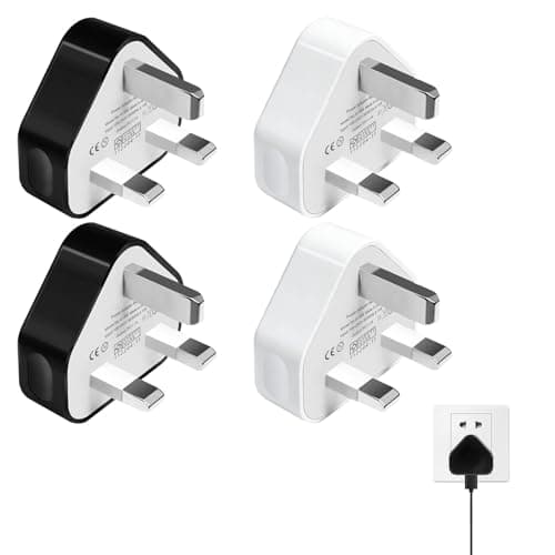 4 Pack USB Plug Adaptor UK Black & White, 5v 1a/ 3 Pin USB Charger Plug, Wall Plugs Socket Charging for iPhone 16 15 14 13 12 11 XS XR X 8 7 6,iPad,Huawei