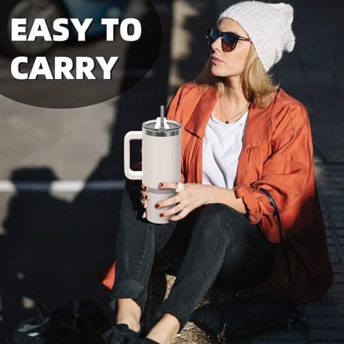 WATERSY Travel Mug Coffee Cup 40oz Tumbler Straw Lid and Handle, Stainless Steel Double Wall Vacuum Insulated Coffee Water Bottle Thermal for Cold Hot Coffee 1182ml Ivory Beige — view 5
