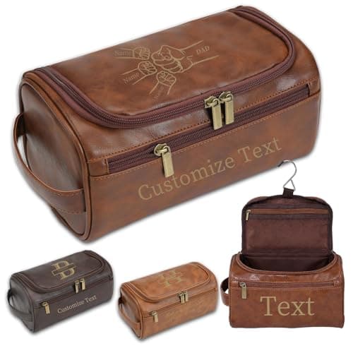 Personalised Men Toiletry Bag, Custom Engraved Travel Dopp Kit with Name Initials, Valentines Gift, Groomsmen & Best Man Gift, Father's Day, Wedding, Birthday Present for Husband (Dark Brown-02)