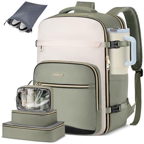 Travel Backpack for Women,Carry On Luggage with 4 Packing Cubes, A Green Beige, 40L-Sets