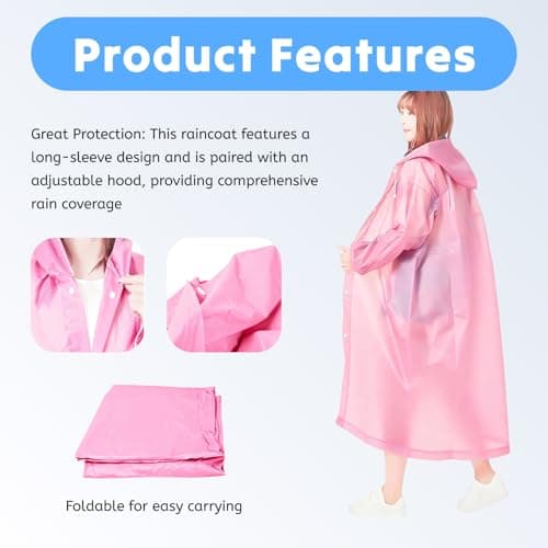 AropaeenGlowry Waterproof Rain Poncho for Adults, 2 Pack Reusable Raincoat with Hood & Sleeves, Portable Emergency Poncho for Camping, Hiking, Travel, Outdoor Events (Pink) — view 5