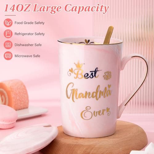 Doublewhale Grandma Gifts, Grandma Christmas Birthday Gifts for Nana, Nan, Granny, Gran Gift, 14OZ Pink Ceramic Coffee Mug Gift from Granddaughter Grandson with Spoon Lid Card, Nice Box — view 2