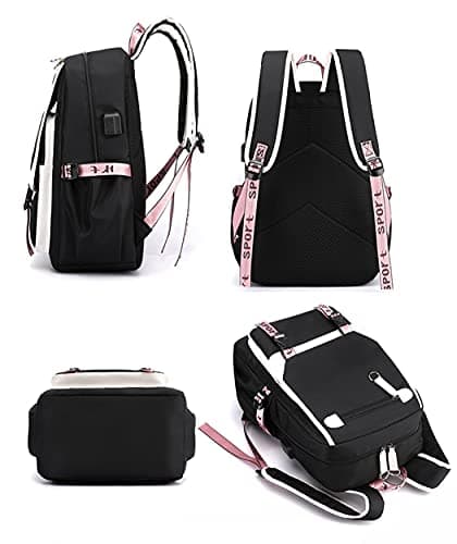 SellerFun Teenage girls' Backpack Middle School Students Bookbag Outdoor Daypack With USB charge Port (4# Black Pink, 21 Liters) — view 3