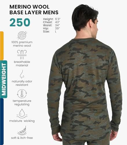 Merino.tech Merino Wool Base Layer Men - 100% Merino Wool Long Sleeve Thermal Shirts Midweight (Medium, 250 Camo) — view 2