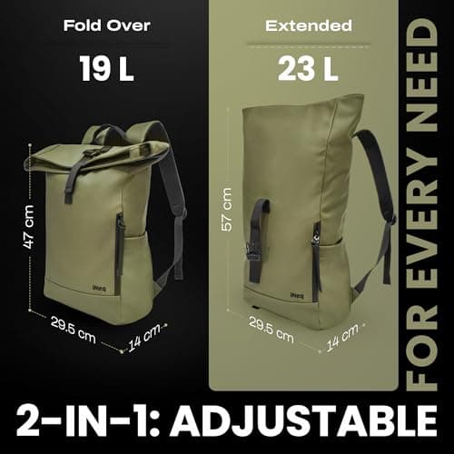 iNeq Roll Top Backpack Water Resistant Men and Women with Padded 15.6" Laptop & Tablet Compartments | Versatile Rolltop Rucksack | Expandable Travel Backpack for Work, School & Outdoors (Olive Green) — view 3