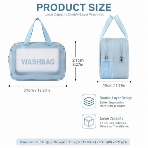 Large Double Layer Clear Toiletry Bag, Odourless Waterproof Wash Bag with Dry Wet Separation, PVC Travel Toiletries Organiser with Dual Handles, Reusable Makeup Bag for Men Women Gym Travel — view 2