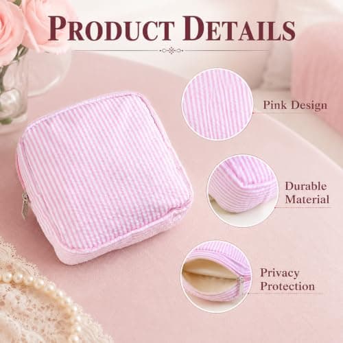 VIZIVOLT Pink Striped Period Bag, Portable Sanitary Pad Storage Bag, Reusable Period Bags for Teenage Girls Women Tampons Holder for Purse, Lightweight Breathable Sanitary Bags — view 2