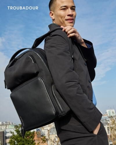 Troubadour Matrix Backpack – 20L Capacity, Water-Resistant, Microfibre Lining, Ergonomic Straps, Recycled Polyester and Vegan Leather Trim – Black — view 2