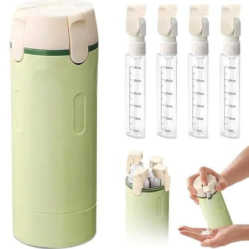 Krfapt 4 in 1 Travel Bottle Dispenser, 4 Pack 30ml Travel Bottles for Toiletries with Scale & Label – Refillable Leak Proof for Shampoo, Lotion, Conditioner, Portable Essentials Set (Green)