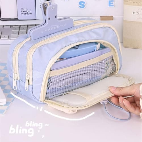 YUGSHNKFC Fashionable Drawstring Pencil Bag Multi Pocket Storage, Blue — view 4