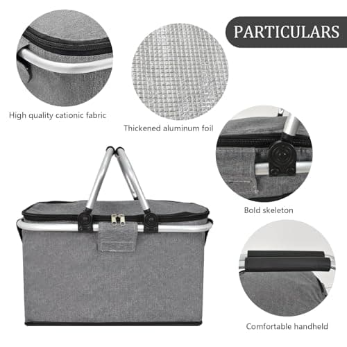 30 L Shopping Basket Cooler Bag Insulated Picnic Basket, Premium Extra Large Cooling Cooler Cool Bag, Collapsible Lunch Bag Box, for Camping/Outdoor Activities/Family Travel/BBQ/Shopping (Gray) — view 5
