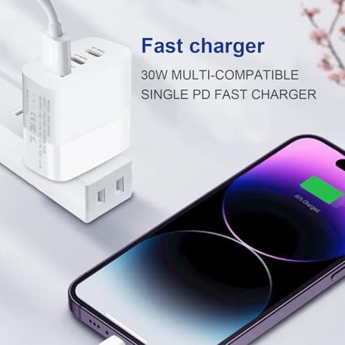 EU plug travel adapter charger, European wall adapter with 2 USB-C fast charging ports and 1 USB-A port, European universal fast charger compatible with iPhone and Samsung — view 4