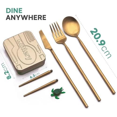 Outlery | Portable & Reusable Stainless Steel Travel Cutlery Set and Reusable Chopsticks (Metallic Gold) Pocket Sized Cutlery Set — view 4