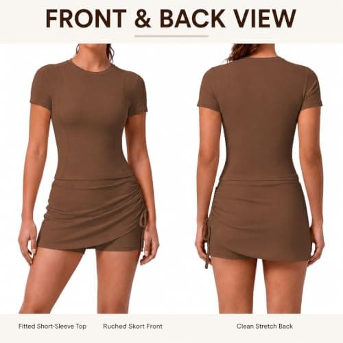 Women's 2 Piece Workout Set Short Sleeve Top and Ruched Skort (Graphite gray,S) — view 4