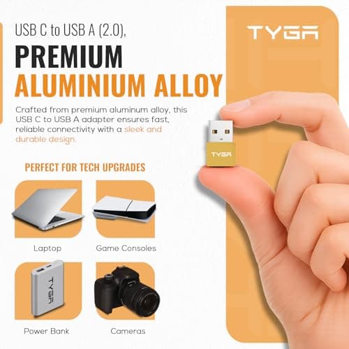 TYGA USB C to USB A Adaptor 2.0 - USB C Female to USB A Male Connector for Charging & Data Transfer, Plug-and-Play, Durable Aluminum Housing, Portable Converter for Android & IOS Devices - 3 Gold — view 2