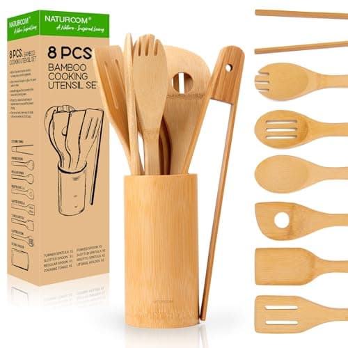 Naturoom Kitchen Utensils Set of 8 PCS, 12Inches Bamboo Wooden Cooking Spoon & Spatula Tools Perfect for Non-Stick Cookware (Bamboo 12inches)