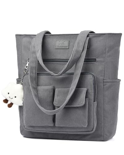Micmores Corduroy Laptop Tote Bag for Women, 16 Inch Padded Work Bag with Zip, Aesthetic Multi-Pocket Teacher Bags for School Office Travel, Large Capacity Shopper Handbag (Grey)