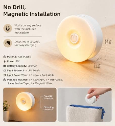 Rechargeable Night Light, Portable Magnetic Stick On Light, 3 Colour Modes — view 5