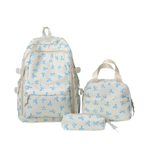 3PCS Bow School Bags for Girls Cute Backpack for School Crossbody Bag Small Bag Set Kawaii Rucksack Aesthetic Coquette Style Lightweight Large Daypack for Teens Kids Primary Secondary Middle Bookbag