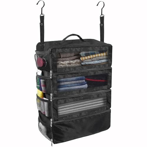 Hanging Compression Packing Cubes, Portable Travel Hanging Organiser, 4-Shelf Foldable Wardrobe Storage, Mesh Packing Cubes for Backpack, Camping, Cruise Essentials (black)