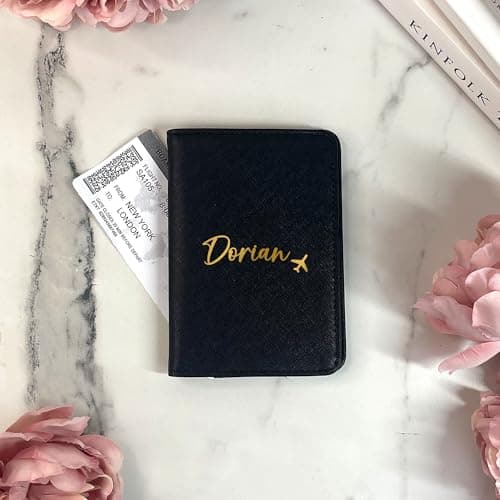 eBuyGB Personalised Passport Holder, Custom Name Passport Cover Travel Wallet, Faux Leather Travel Document Holder, Holiday, Honeymoon & Destination Wedding Gift for Her (Black) — view 2
