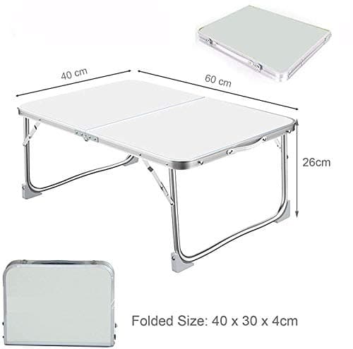 Small Folding Picnic Camping Table, Aluminium Lightweight Foldable Outdoor Garden Backyards BBQ Portable Table, Computer Notebook Tray Laptop Bed Table, Dorm Desk on Bed/Sofa, 60x40x26cm, White — view 3