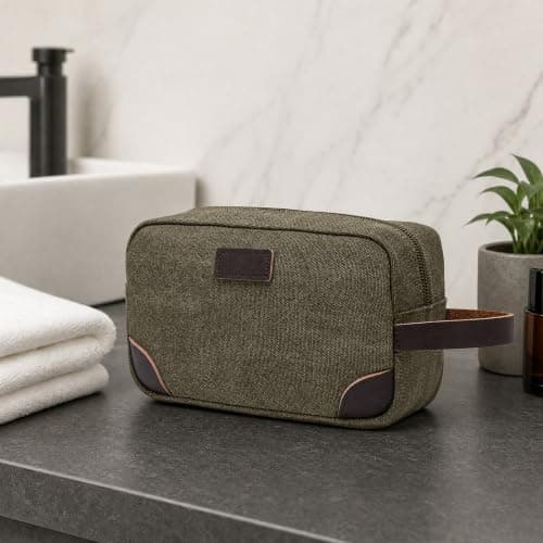 Unisex Canvas Toiletry Bag Travel Wash Bag for Men and Women, Water-Resistant Makeup Bag Shower Bag for Travel Essentials and Holiday Accessories, Army Green — view 5