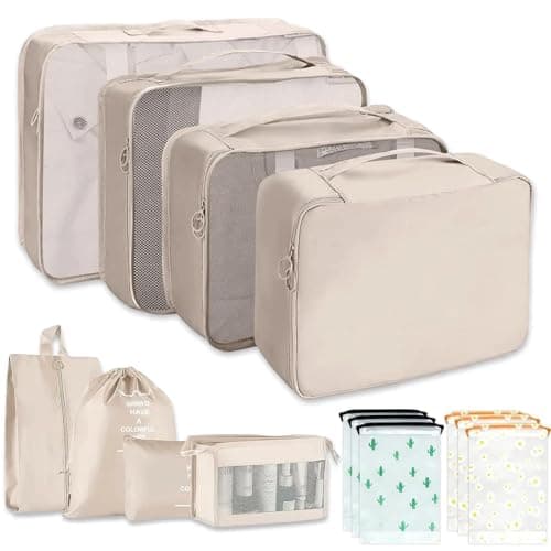 14 PCS Waterproof Packing Cubes Set, Beige Packing Cubes Set