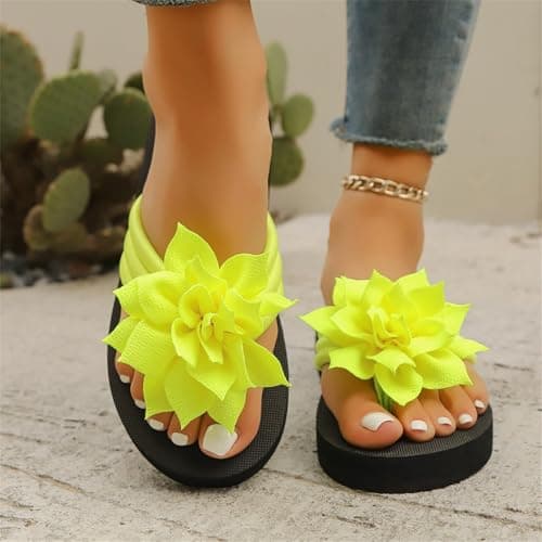Flower Flip Flops Women Beach Slippers Size 6.5 Boho Open Toe Slip on Flat Sandals Summer Comfortable Yoga Mat Thong Sandals for Pool, Travel Vacation Slippers Flower Yellow Footwear Gift — view 2