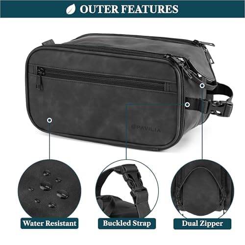 PAVILIA Toiletry Bag for Men Women, Mens Travel Bag Toiletries Organizer Case for Grooming, Travel Essentials Shaving Dopp Kit, PU Leather Water Resistant Cosmetic Pouch, Black, Black, Extra Large — view 2