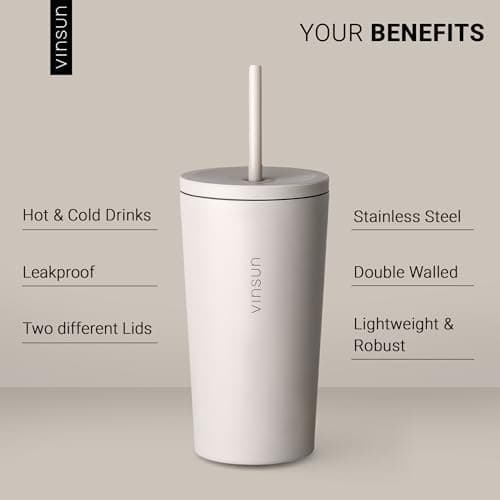 VINSUN Travel Mug with Straw 480ml, Leak-Proof Stainless Steel Thermal Mug — view 2