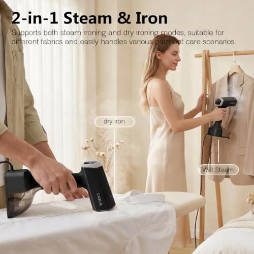 Cadrim Clothes Steamer, 1800W, 2 in 1 Portable Handheld Steamer with Ironing Option, 45g/min Powerful Steam, 350ml Water Tank, Steamer Clothing for Home, Travel and Office (Black) — view 2