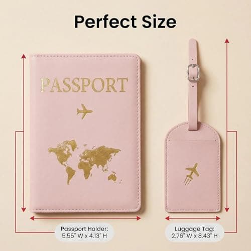 SINJAETRQ Passport Holder Travel Wallet RFID Blocking, PU Leather Travel Document Organiser with Luggage Tag,Document Organiser, Holiday Travel Essentials for Men & Women (Pink) — view 3