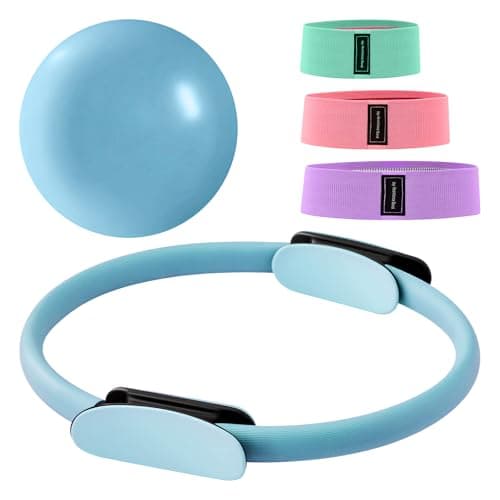 Trintion Pilates Ring Set 14" Premium Magic Circle with Dual Padded Handles, Includes 9" Anti-Burst Mini Ball 3 Resistance Bands (20/30/45 lbs) for Home Gym Pilates Equipment for Home (Blue)