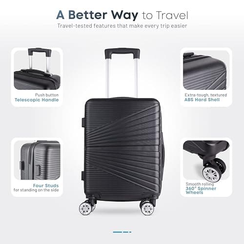 Eco-Lux Essentials Hardside Hand Luggage Carry On Suitcase, ABS Hardshell Cabin Bag with 4 Spinner Wheels, 50 x 32 x 20 cm, Travel Sentry Integrated TSA Approved Lock (Black) — view 4
