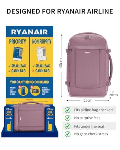 ECOHUB Ryanair Cabin Bags 40x20x25，20L Anti-theft Underseat Carry On Travel Backpack, Recycled Hand Luggage Bag with Laptop Compartment,Flight Rucksack bag for men women, Pink (Patent Pending) — view 2
