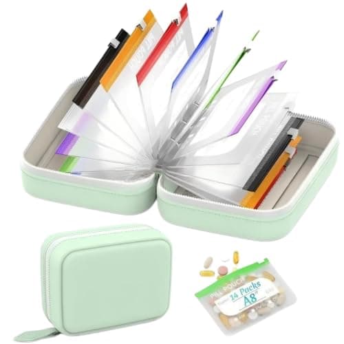 A8 Waterproof Pill Organizer Set with 14 Color-Pill Pouches,Reusable Waterproof Pi/ll Pouches,Large Weekly Travel M/edicine O/rganizer,Portable Zippered Travel Medicine O/rganizer for Fish Oils#Green