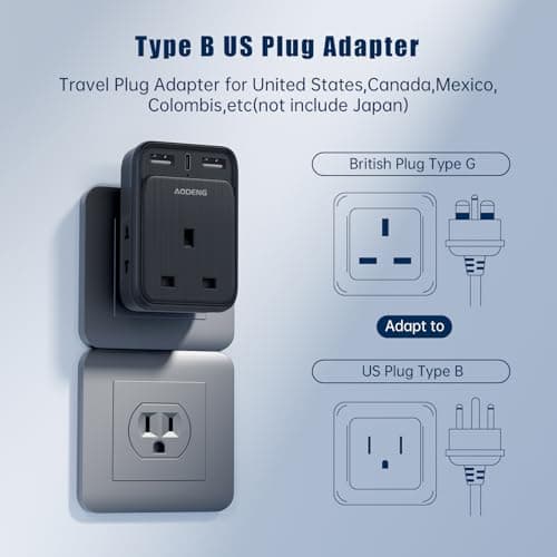UK to US Plug Adapter, USA Travel Adapter with 2 USB-A Ports & 1 USB-C Ports(5V/3.4A) and 2 Shaver Plug Adaptor UK for Shaver/Toothbrush, US Plug Adapter for Thailand Mexico Colombia(Type B) — view 6