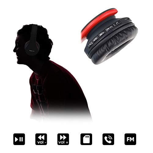 PowerLocus Wireless Bluetooth Over-Ear Stereo Foldable Headphones, Wired Headsets Noise Cancelling with Built-in Microphone for iPhone, Samsung, LG, iPad (Black/Red) — view 4
