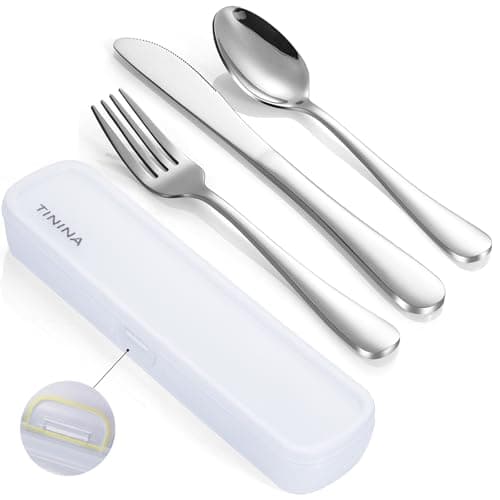 Camping Cutlery Set with Case, 4-Piece Stainless Steel Portable Travel Utensils, Reinforced Case with Snap-Lock Closure, Lunch Box for Camping Work School, Fork Spoon Knife, Dishwasher Safe, Silver
