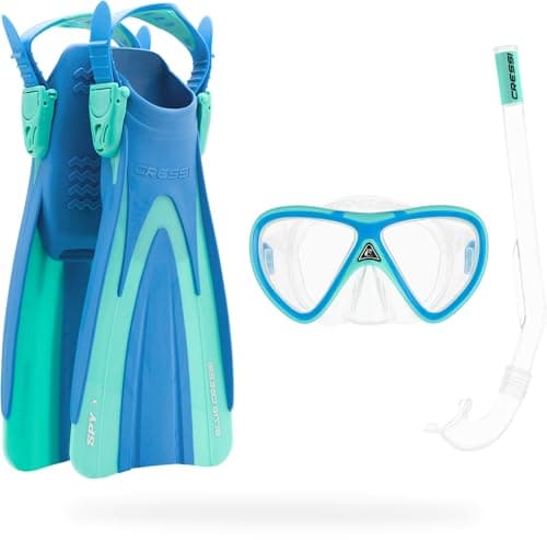 Cressi Seashell Seekers Snorkelling Set for Children with Short Fins, Anti-Fog Tempered Glass Mask and Ergonomic Dry Snorkel for Sea and Pool Use, S/M (2/7 Years)