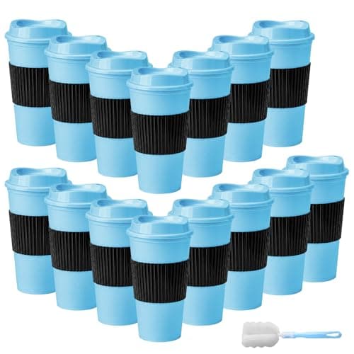 15Pcs Reusable Coffee Cups with Lids - 16 oz Plastic Tumblers to Go Ice Coffee Cups Bulk Plastic Travel Mugs for Slushie and Cold Drinks Smoothie, Home, Car, Beach, Camping & Party - Light Blue