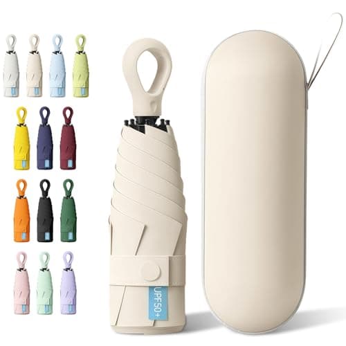 HCQC Mini Sun Umbrella with Ring Handle – UPF 50+ UV Protection 99.9%, Compact Travel Umbrella for Purse & Backpack, Lightweight Small Portable, Rain & Sun for Women Men Kids (Beige)